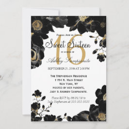 Invitación Dulce floral negro acentuado dorado 16 invitacione