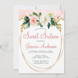 Invitación Dulce Floral Purpurina de Oro Rosa Dieciséis Cumpl