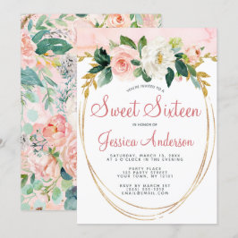 Invitación Dulce Floral Purpurina de Oro Rosa Dieciséis Cumpl