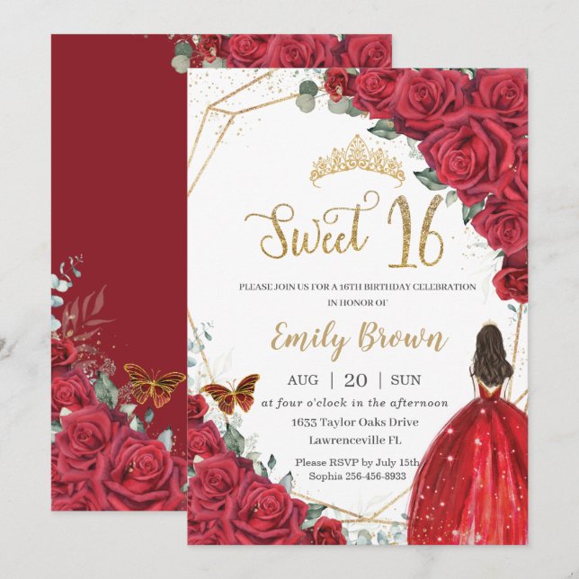 Invitación Dulce Floral Roja Dieciséis Aniversario de la Prin (Anverso / Reverso)