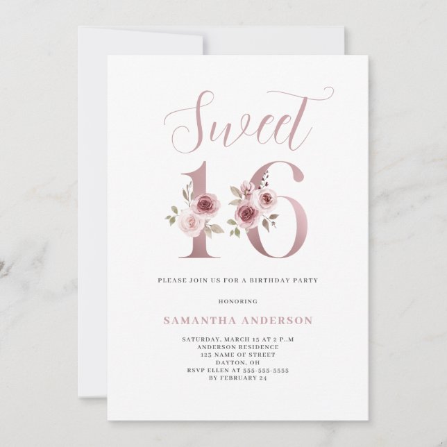 Invitación Dulce Floral Rosa 16 Cumpleaños (Anverso)