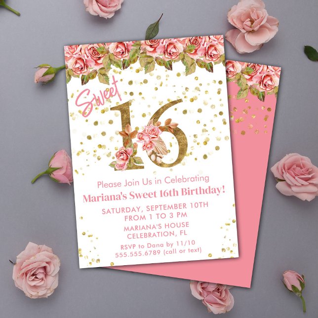 Invitación Dulce floral rosa 16 Fiesta de cumpleaños (Subido por el creador)