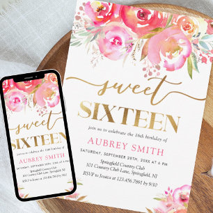 Invitación Dulce floral rosa brillante de color de agua 16