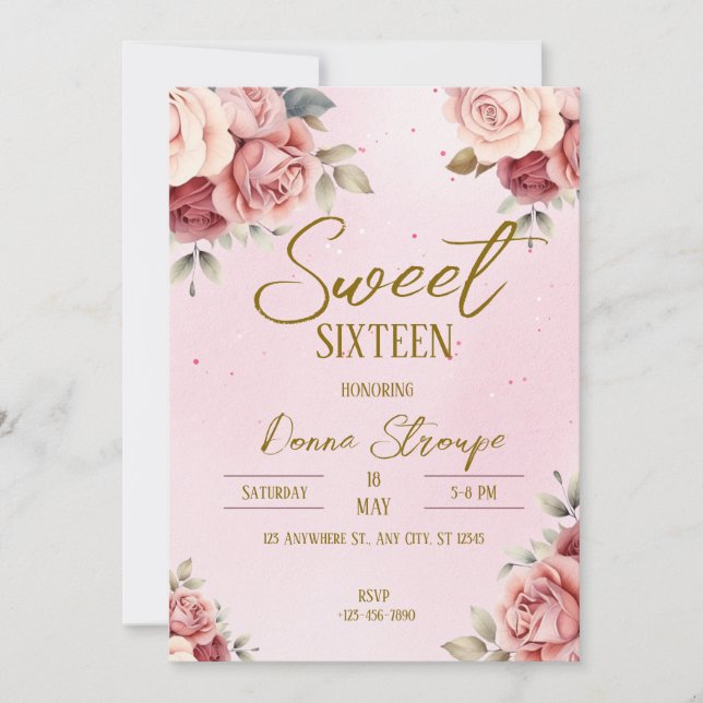 Invitación Dulce Floral Rosa Dieciséis (Anverso)
