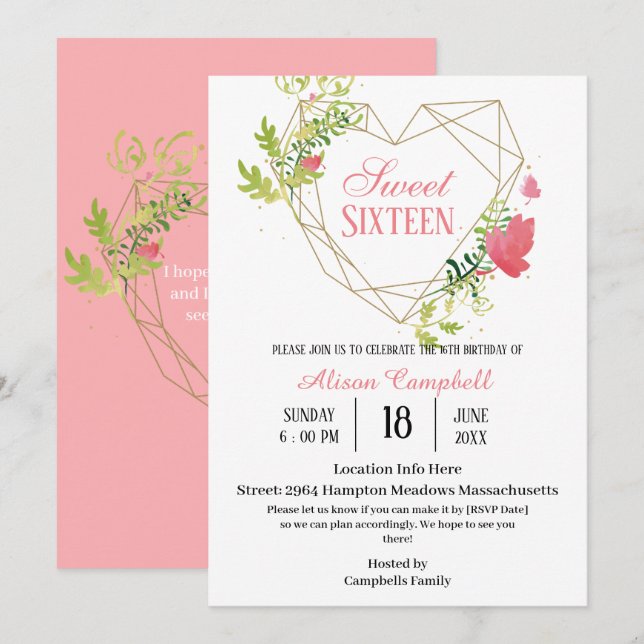 Invitación Dulce floral rosa moderno 16 fiesta de cumpleaños (Anverso / Reverso)
