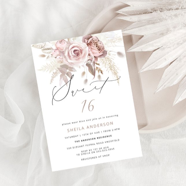 Invitación Dulce floral Rosa rosado Rubor 16 Cumpleaños (Subido por el creador)