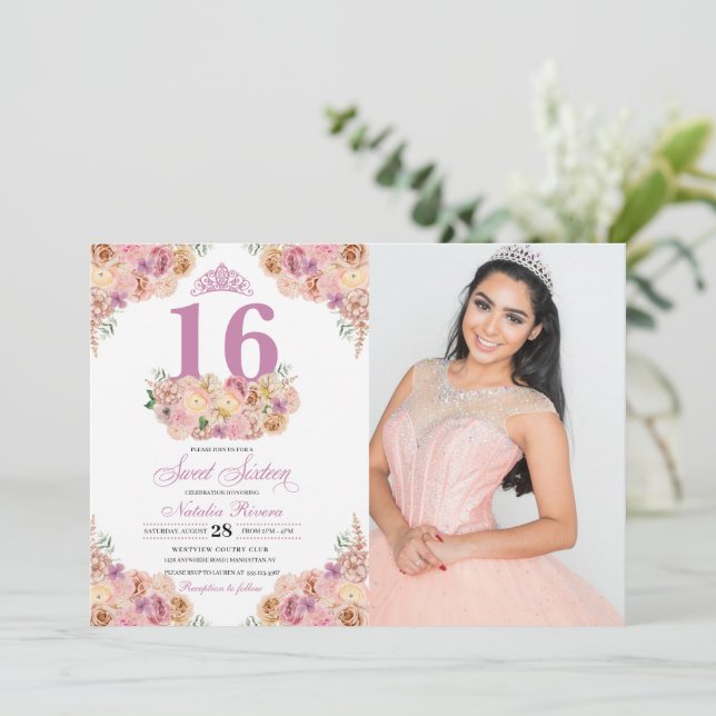 Invitación Dulce floral rosa Rubor 16 foto de cumpleaños (Anverso de pie)