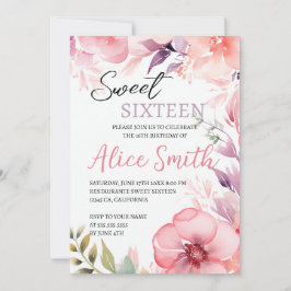 Invitación Dulce Floral Rosa Rubor Dieciséis Cumpleaños