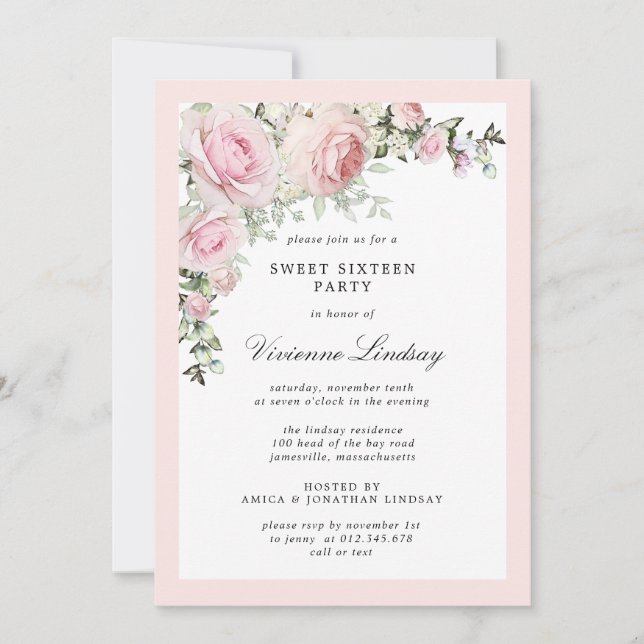 Invitación Dulce Floral Rosa Rubor Dieciséis Fiestas (Anverso)