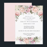 Invitación Dulce Floral Rosa Rubor Dieciséis Fiestas<br><div class="desc">Hermosa y elegante Dulce Invitación de fiesta. Las rosas rosadas de Rubor están enclavadas en flores de hortensias blancas y en la vegetación. Bonito y fronteras florales femeninas. El texto es una combinación de fuentes verticales y cursivas. Fácil de personalizar. La parte trasera de la invitación a la fiesta es...</div>