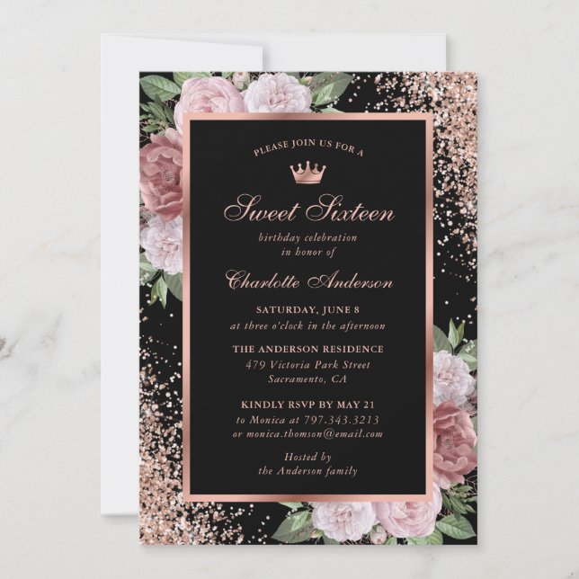 Invitación Dulce floral rosado rosado de oro Rosa 16 cumpleañ (Anverso)