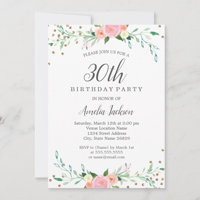 Invitación Dulce floral Sparkle Confetti 30 Fiesta de cumplea (Anverso)