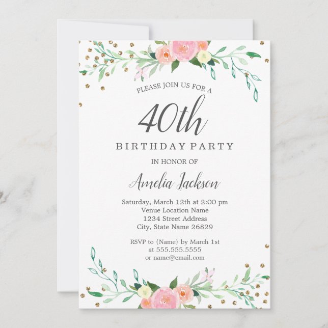 Invitación Dulce Floral Sparkle Confetti 40 Fiesta de cumplea (Anverso)