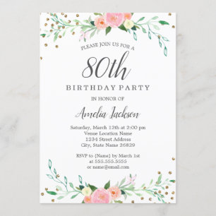 Invitación Dulce floral Sparkle Confetti 80ª fiesta de cumple