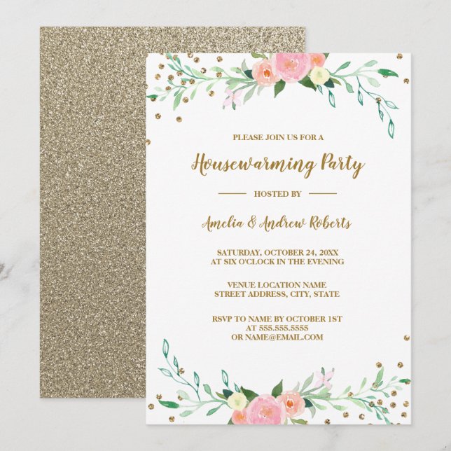 Invitación Dulce Floral Sparkle Confetti Fiesta de Calentamie (Anverso / Reverso)