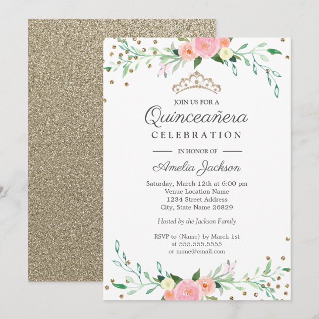 Invitación Dulce Floral Sparkle Confetti Quinceanera (Anverso / Reverso)