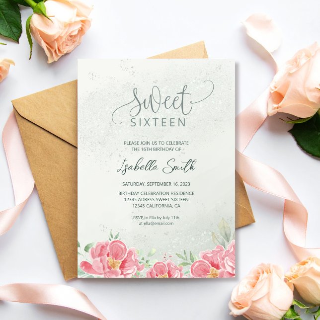 Invitación Dulce floral suave verde y rosa Purpurina 16 cumpl (Subido por el creador)