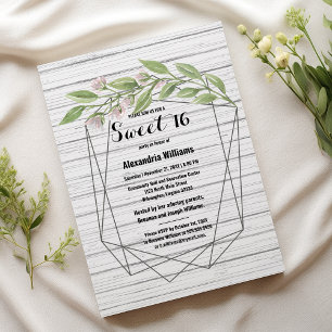 Invitación Dulce floral verde de madera blanca geométrica 16