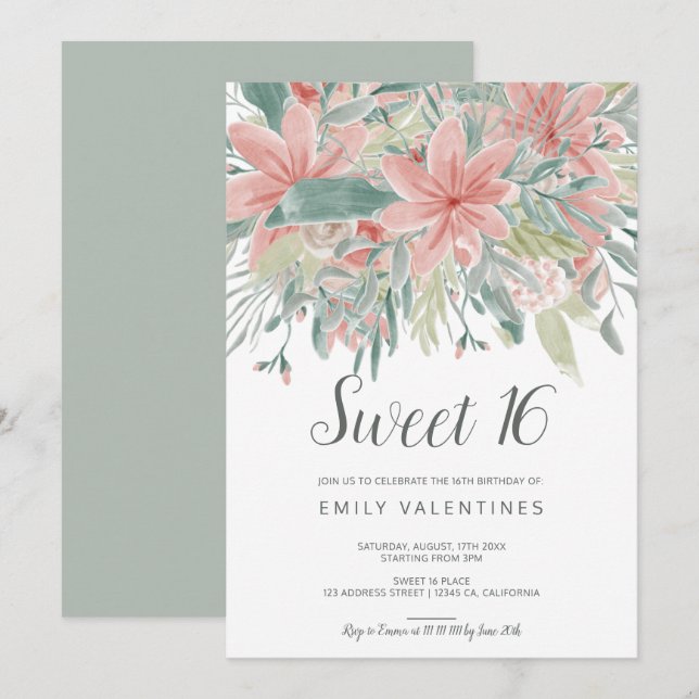 Invitación Dulce floral verde rosado elegante 16 de la (Anverso / Reverso)