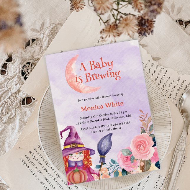 Invitación Dulce Flower Witch Cauldron Baby Brewing Shower (Sweet Flower Witch Cauldron Baby Brewing Shower Invitation)