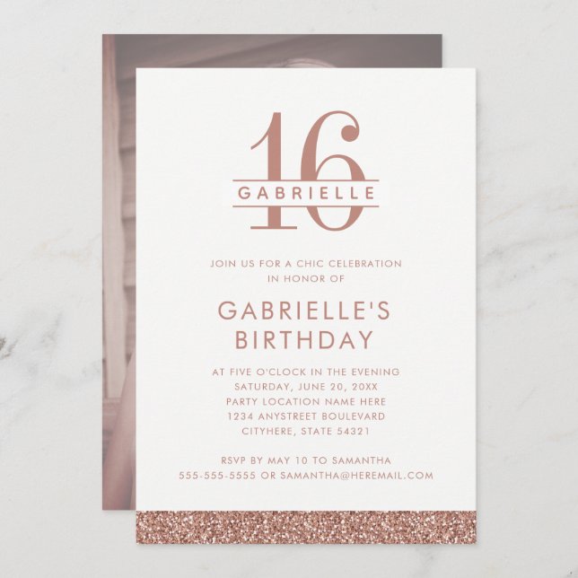 Invitación Dulce foto de 16 Rosas de Purpurina rosado de Rubo (Anverso / Reverso)