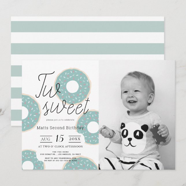 Invitación Dulce foto de niño verde Donut segundo cumpleaños (Anverso / Reverso)