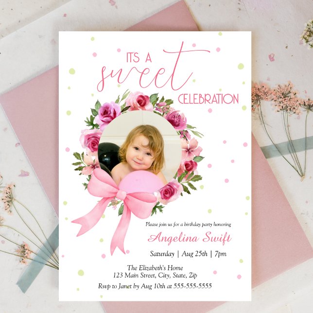 Invitación Dulce foto Rosa de Bow rosa Floral Cumpleaños (Subido por el creador)