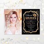 Invitación Dulce fotográfico 16 cumpleaños - Beso negro de or<br><div class="desc">Foto Dulce 16 Cumpleaños. Dulce invitación de fiesta de cumpleaños con tu foto. Incluye fuente de guión,  beso de labios y confeti. Elegante diseño negro con falso oro purpurina. Perfecto para una elegante celebración de los 16 días de glam dulce.</div>