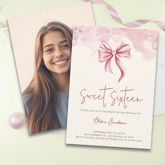 Invitación Dulce Fotos De Bow Rosado Cumpleaños Dieciséis (Subido por el creador)