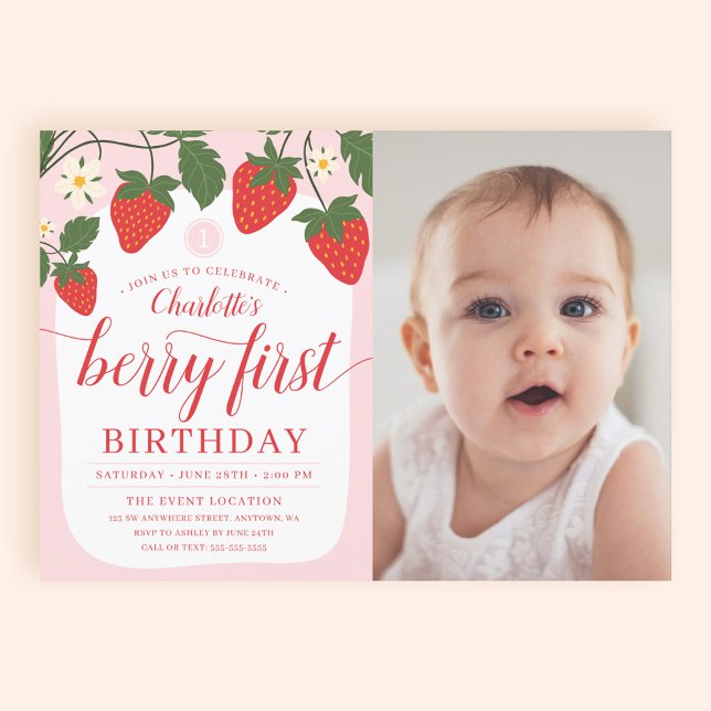 Invitación Dulce Fresa Adorable Cumpleaños 1 Foto (Subido por el creador)