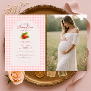 Invitación Dulce Fresa de Cuadros Foto Baby Shower