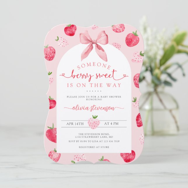Invitación Dulce Fresa Rosa Cumpleaños de Bebe Dulce y Lindo (Anverso de pie)