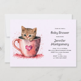 Invitación Dulce gatito marrón en una ducha de bebé con taza