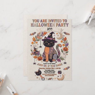 Invitación Dulce gato negro de patchwork en fiesta de Hallowe