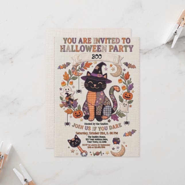 Invitación Dulce gato negro de patchwork en fiesta de Hallowe (Anverso/Reverso In Situ)