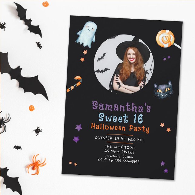 Invitación Dulce Gato Negro Fantasma De Candy De Halloween 16 (sweet 16 halloween photo invitation for girls ghost black cat candy purple orange cute fun witch)