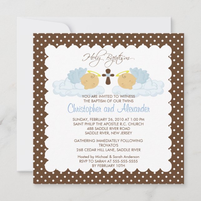 Invitación Dulce gemelos bebé niño bautismo sagrado invitació (Anverso)