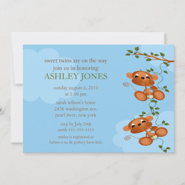 Invitación Dulce gemelos, mono bebé Baby Shower (Anverso)