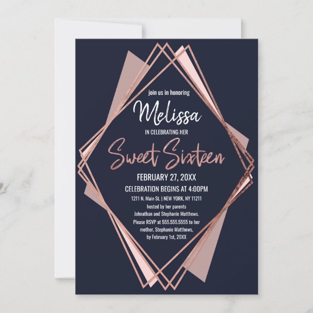 Invitación Dulce geométrico de malva azul de la Marina de Oro (Anverso)