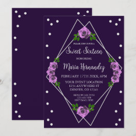 Invitación Dulce geométrico morado Rosa plateado 16
