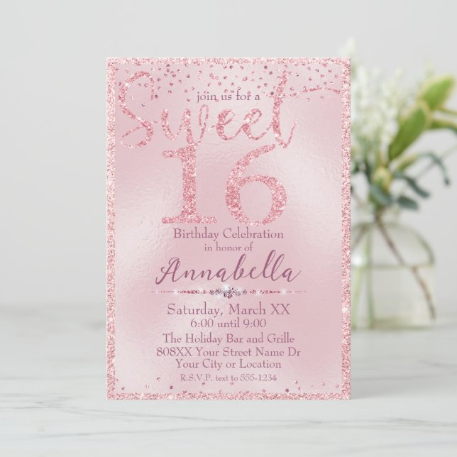 Invitación Dulce glamoroso Purpurina rosado 16 Cumpleaños (Anverso de pie)