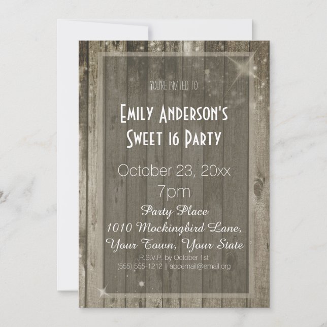 Invitación Dulce glamour de madera rústica 16 cumpleaños (Anverso)