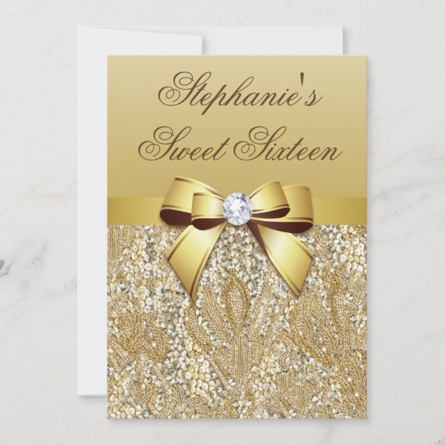 Invitación Dulce glamuroso 16 Faux Gold Sequins y bow (Anverso)