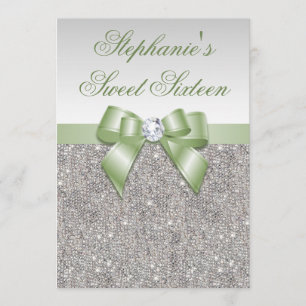 Invitación Dulce glamuroso 16 Faux Silver secuencia Green Bow