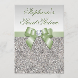 Invitación Dulce glamuroso 16 Faux Silver secuencia Green Bow