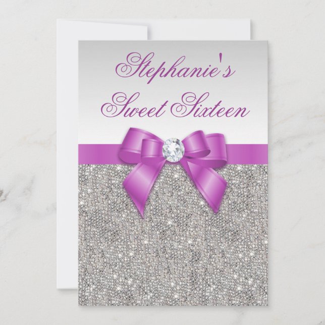 Invitación Dulce glamuroso 16 Faux Silver secuencia morado (Anverso)