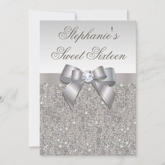 Invitación Dulce glamuroso 16 Faux Silver Sequins y bow (Anverso)