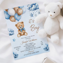Invitación Dulce globo azul Teddy Baby Boy Shower