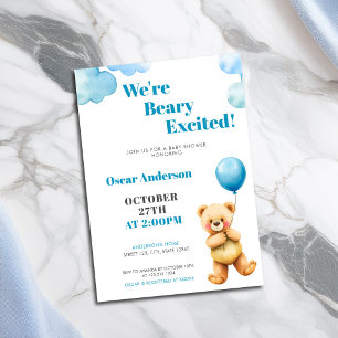Invitación Dulce Globo de Osito de Acuarela para Baby Shower
