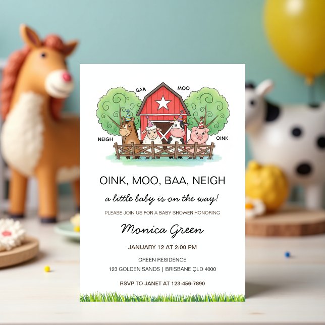 Invitación Dulce granja de animales de corral Baby Shower  (Farm Animal Baby Shower Invitation – Cute Barnyard Baby Shower Invite, Gender Neutral)